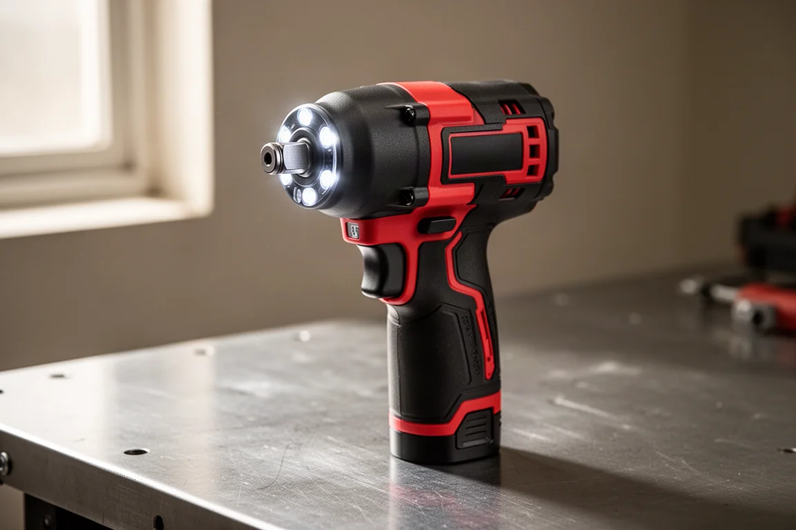 Milwaukee 2563 compact stubby impact wrench on a brushed steel workbench