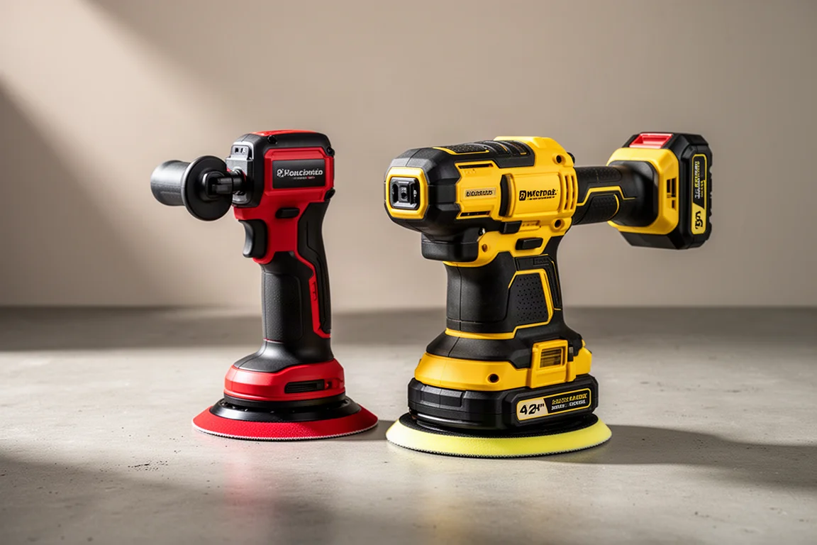 Milwaukee 2684 and DeWalt DCM848 cordless polishers side by side on concrete
