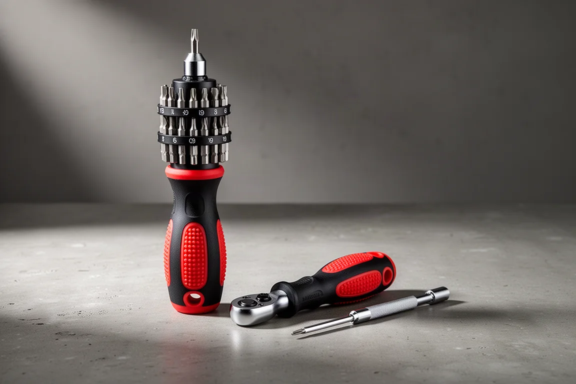 Three ratcheting screwdrivers of different sizes arranged on a concrete surface