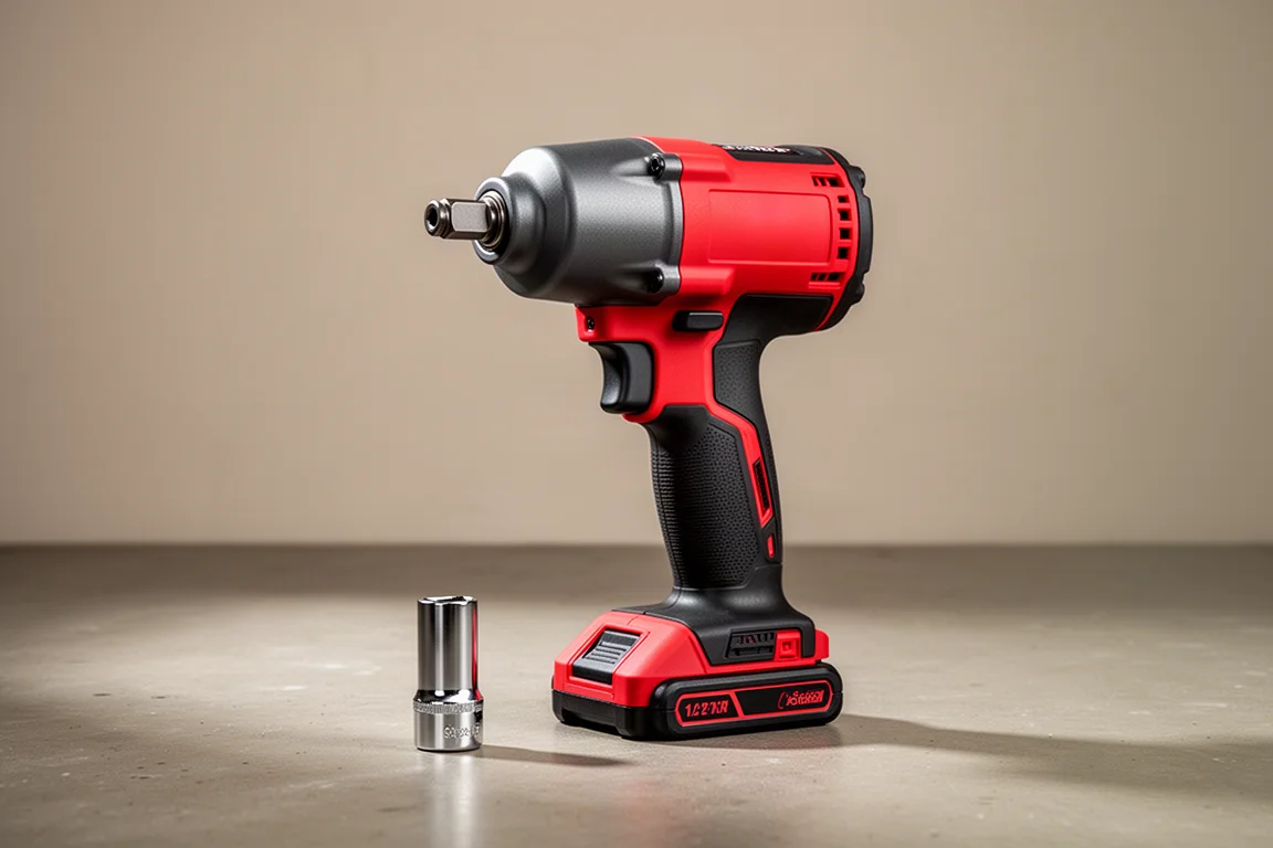 Red and black cordless 1/2-inch high torque impact wrench with socket on concrete floor