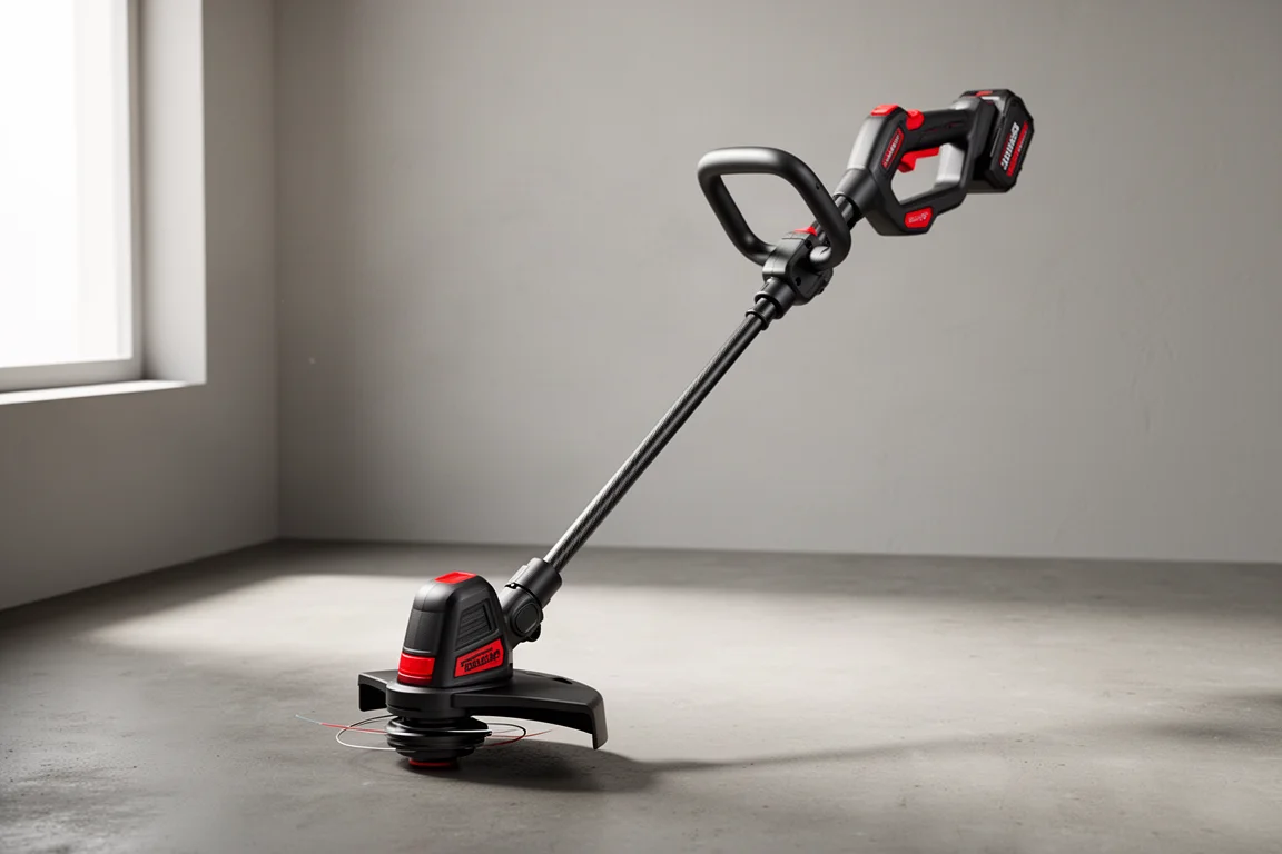 Cordless brushless string trimmer standing on a concrete surface in soft studio light