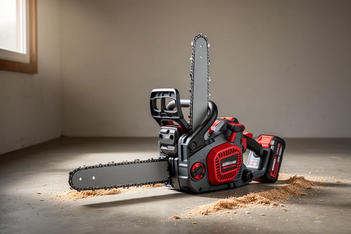 Dual battery chainsaw standing upright on a concrete workshop floor