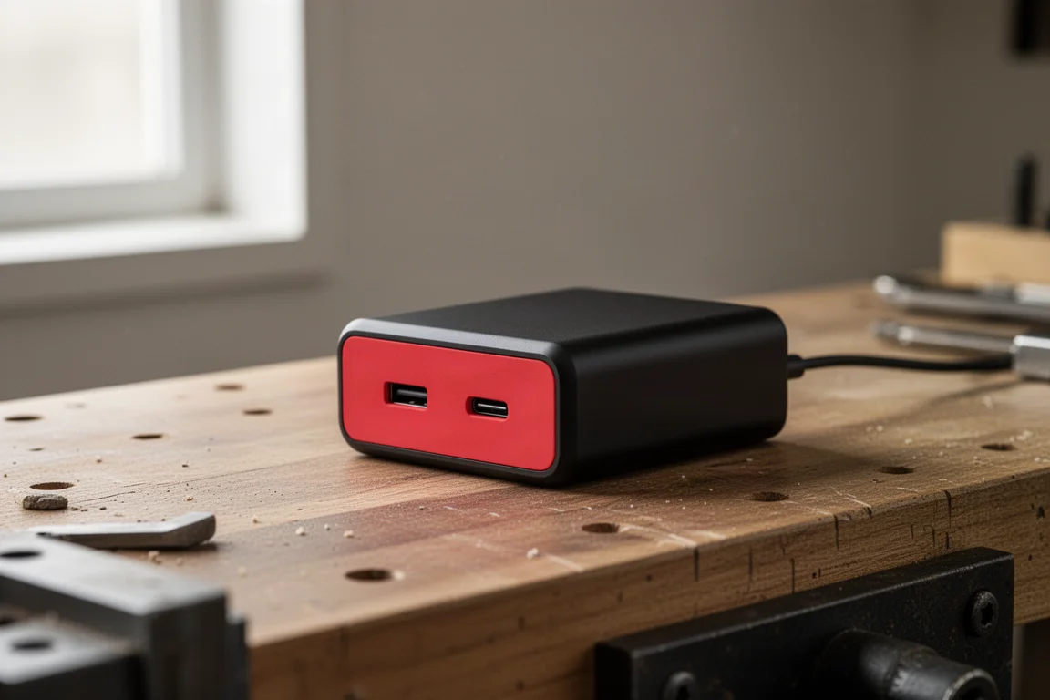 Kompaktes USB-C-Ladegerät und Netzteil-Adapter auf einer Werkstattbank