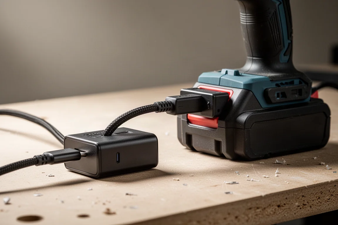 USB-C-Kabel an ein Netzteil angeschlossen, das einen großen Werkzeugakku lädt