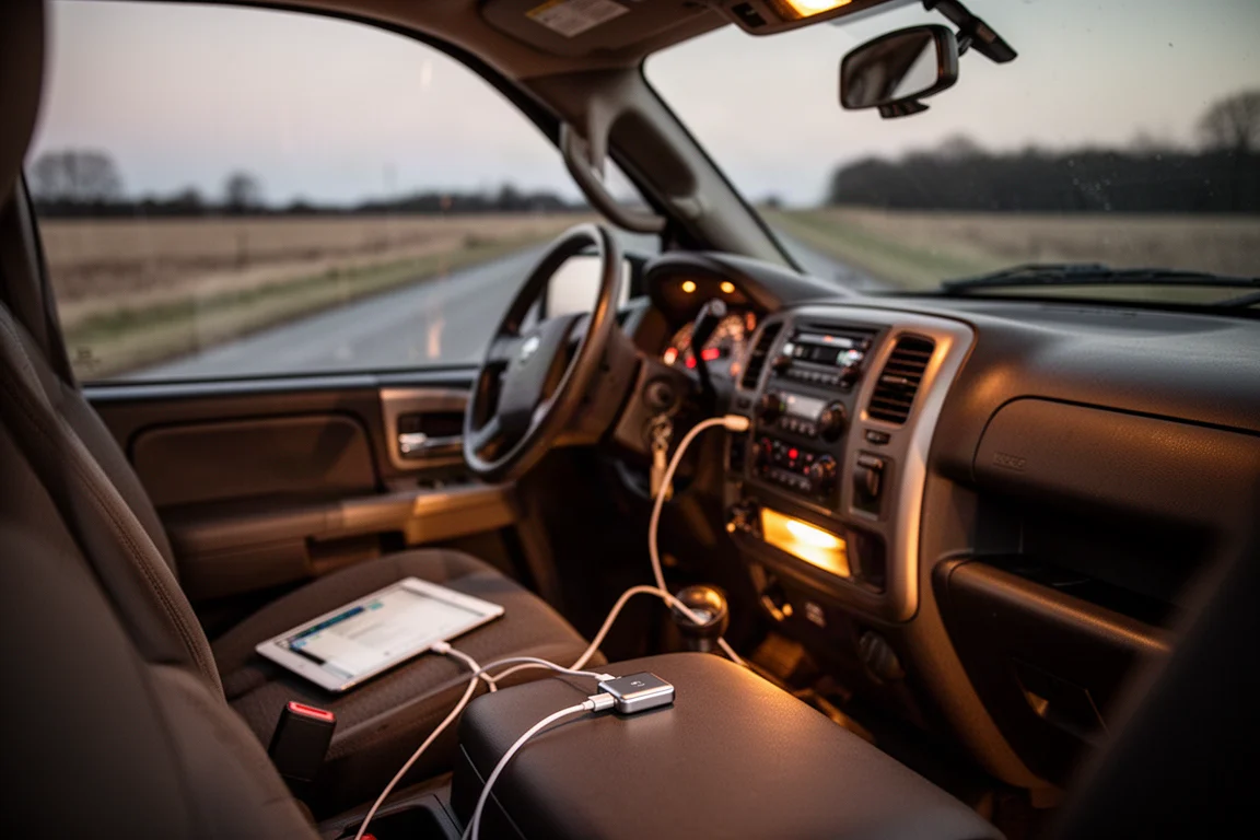 Pickup-Innenraum mit einem Gerät, das in der Dämmerung während der Fahrt lädt