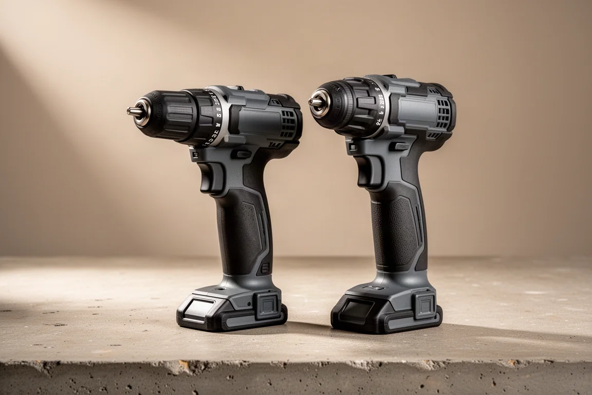 Two cordless hammer drill drivers standing side by side on concrete