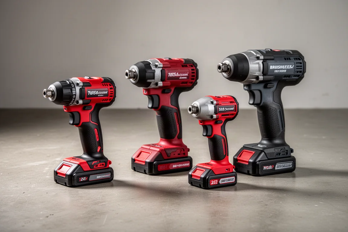 Four cordless impact drivers lined up on a concrete workshop floor