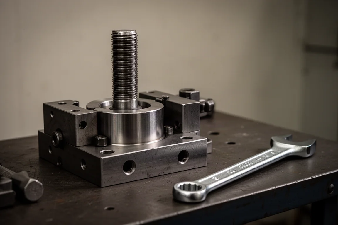 Llave soltando un perno grande en un accesorio de prueba de acero