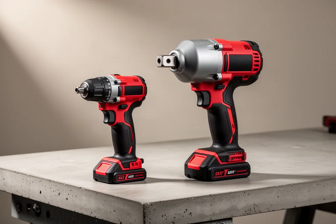 Milwaukee impact driver and impact wrench side by side on a concrete workbench
