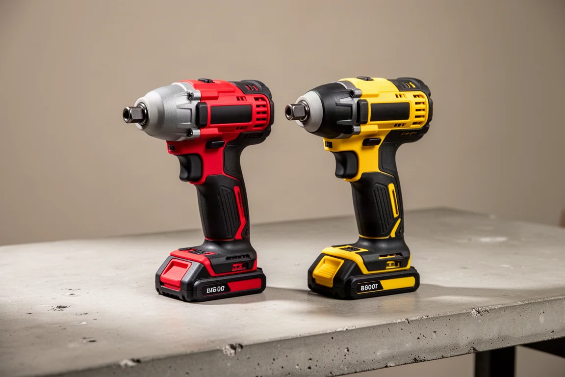 Two cordless impact drivers side by side on a concrete workbench
