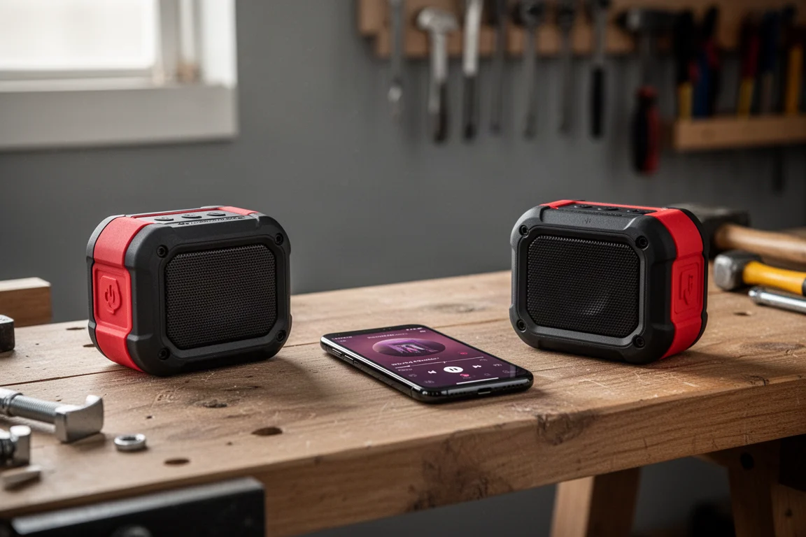 Zwei robuste Baustellen-Bluetooth-Lautsprecher, gekoppelt auf einer Werkbank, mit einem Smartphone, das Musikwiedergabe zeigt