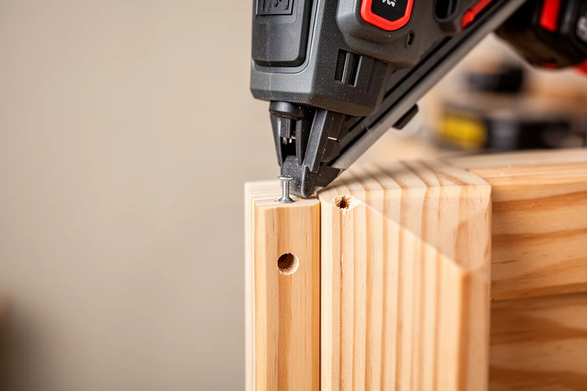 Cordless finish nailer driving a nail into pine trim, wood surface in soft daylight
