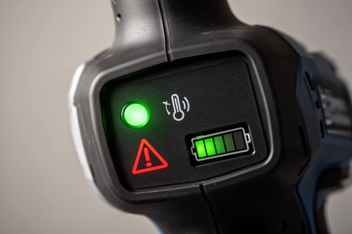 Close-up of finish nailer controls with green power indicator lit