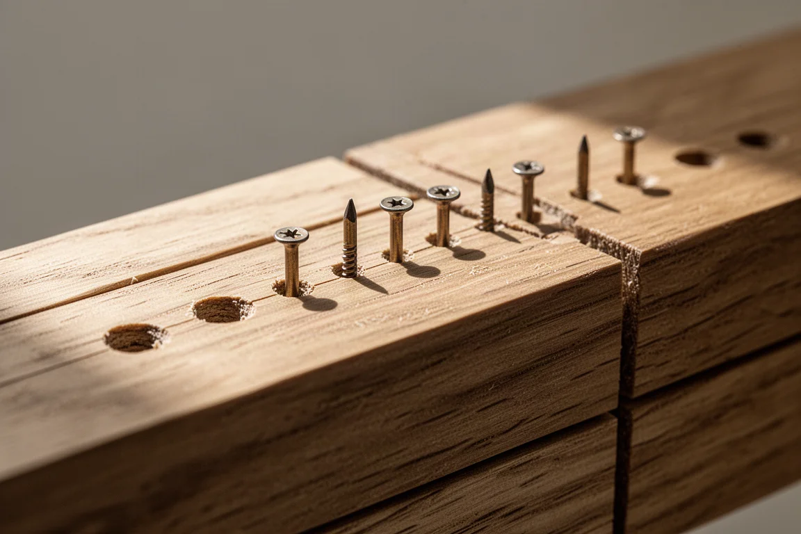 Zoomed view of small, consistent nail holes set flush in oak boards