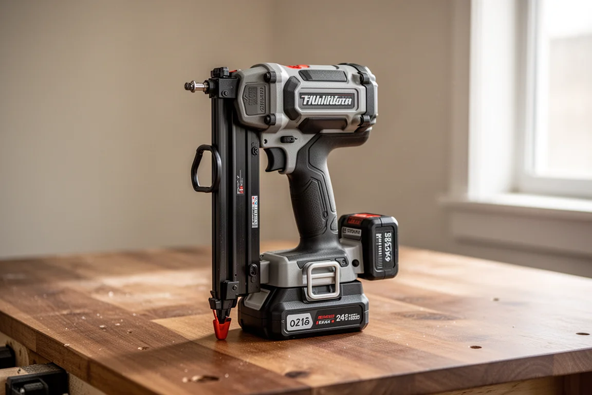 Finish nailer standing upright on a workbench with a compact battery attached
