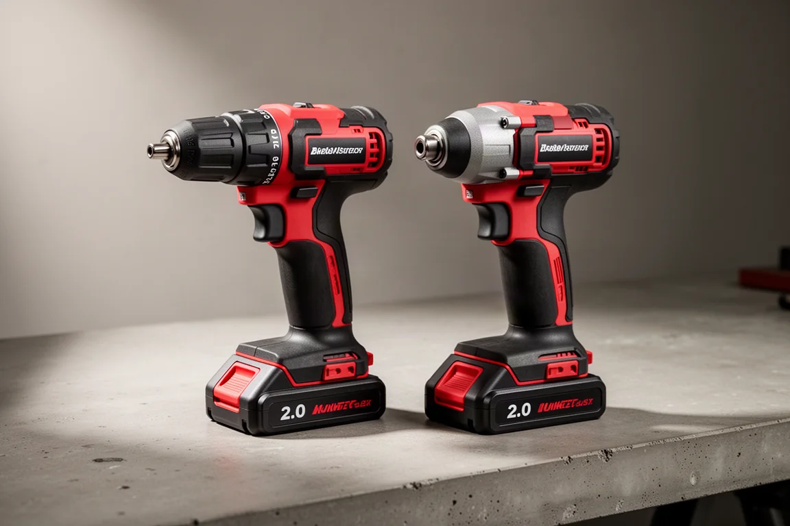 Milwaukee compact brushless drill driver and impact driver side by side on concrete