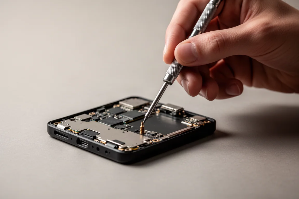Hand die een kleine precisiebitdriver gebruikt op een piepkleine electronicschroef