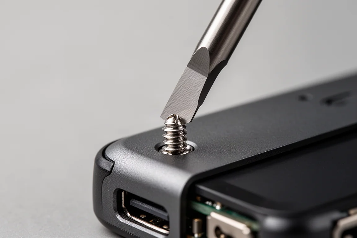 Close-up van een bit in de schroefkop van een klein apparaat