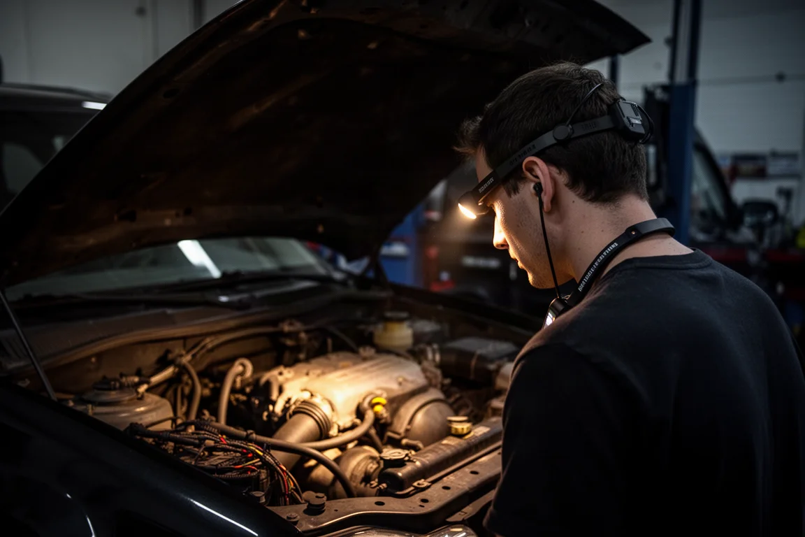 Das Neck Light beleuchtet einen dunklen Motorraum in der Werkstatt, während die Trägerin den Kopf dreht