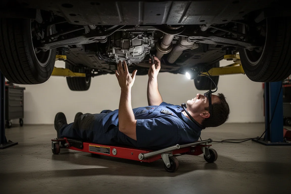Ein Mechaniker arbeitet unter einer Hebebühne, beleuchtet vom Neck Light, mit freien Händen