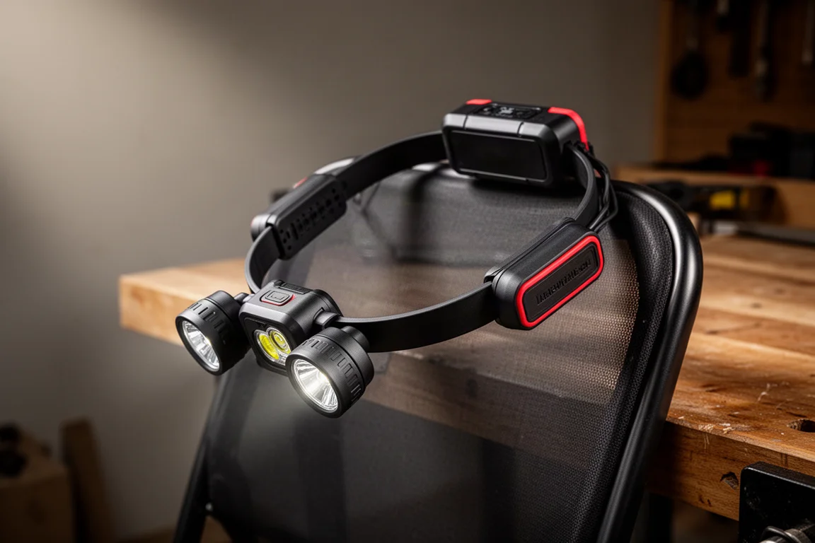 Milwaukee 400 Lumen Neck Light mit gebogenem Band und Akkupack auf einer Werkbank