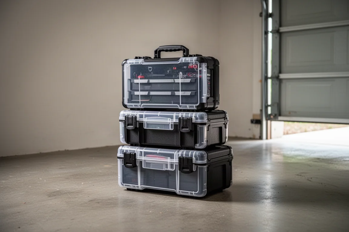 Casse portautensili modulari impilate sopra la cassa sottile per busse in un garage
