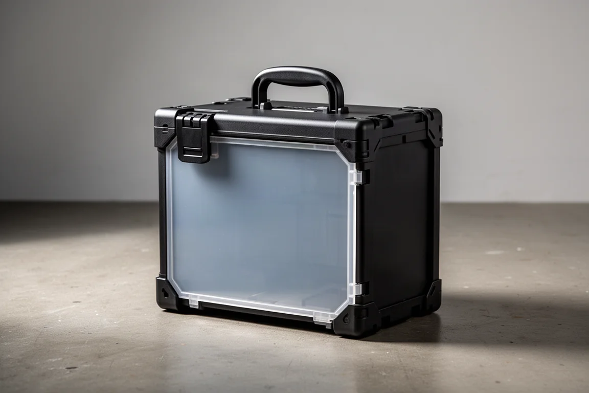 Slim matte black modular tool case with clear front panel on a concrete floor