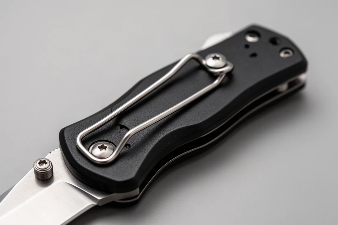Pocketclip van draadvormig metaal bevestigd aan het handvat van een vouwmes