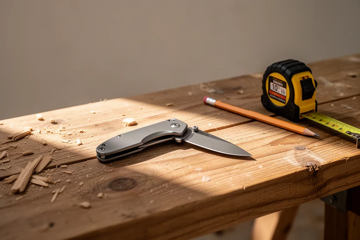Hand houdt een klein vouwmes gesloten boven een tafel op een bouwplaats
