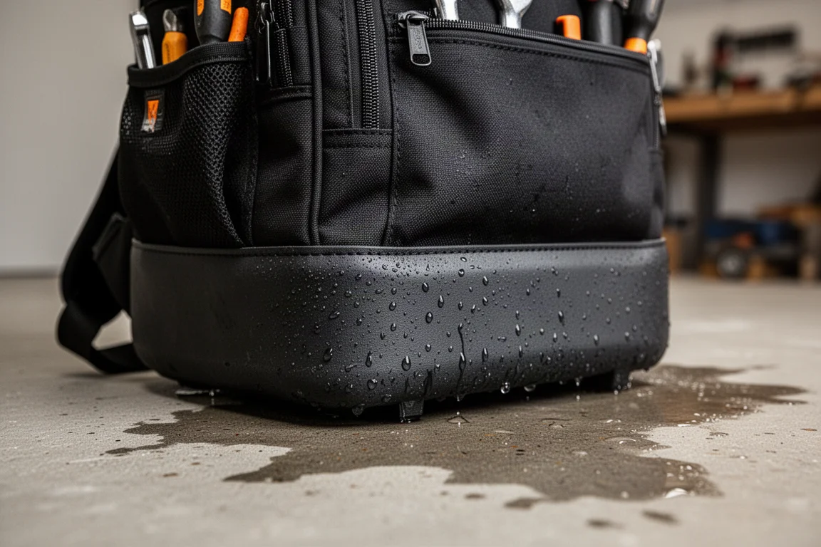 Bodenpanel eines Werkzeugrucksacks auf nassem Beton, das die Wasserbeständigkeit zeigt