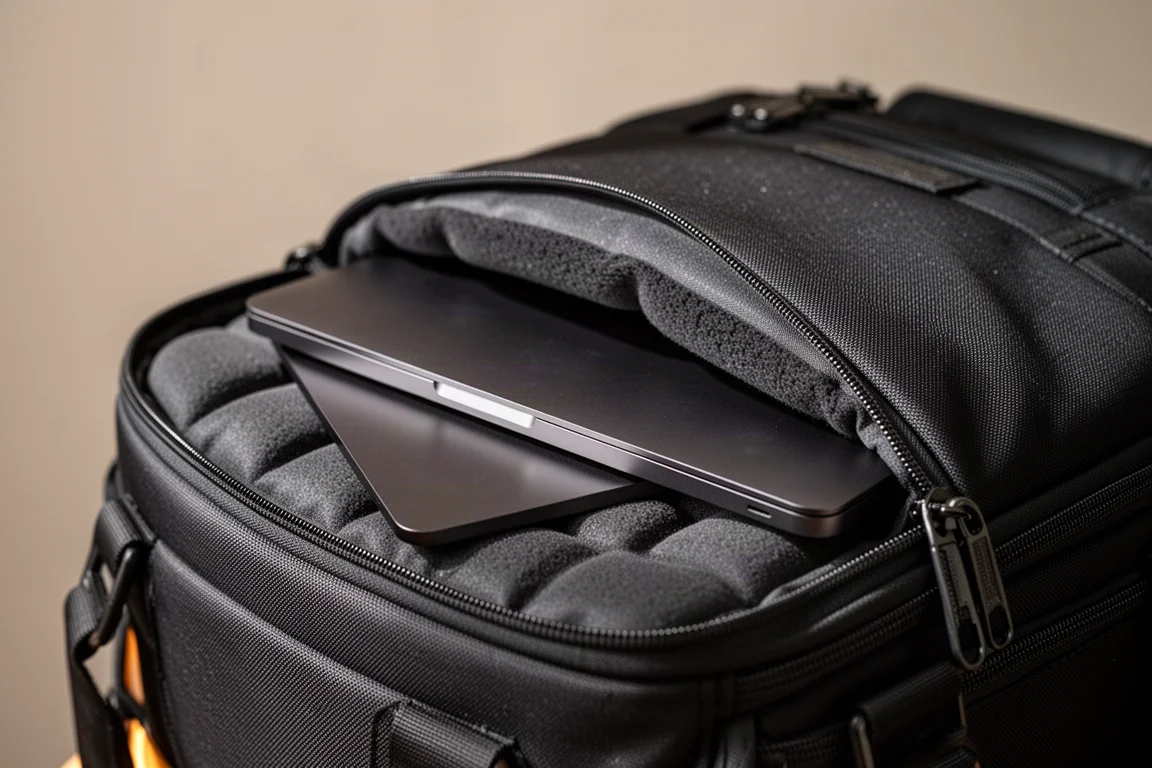 Laptop gleitet in eine gepolsterte Rückentasche eines Werkzeugrucksacks