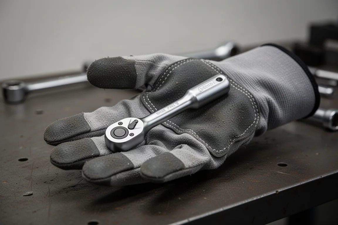 Kompaktowy grzechotnik stubby trzymany w rękawiczce mechanika na blacie warsztatowym