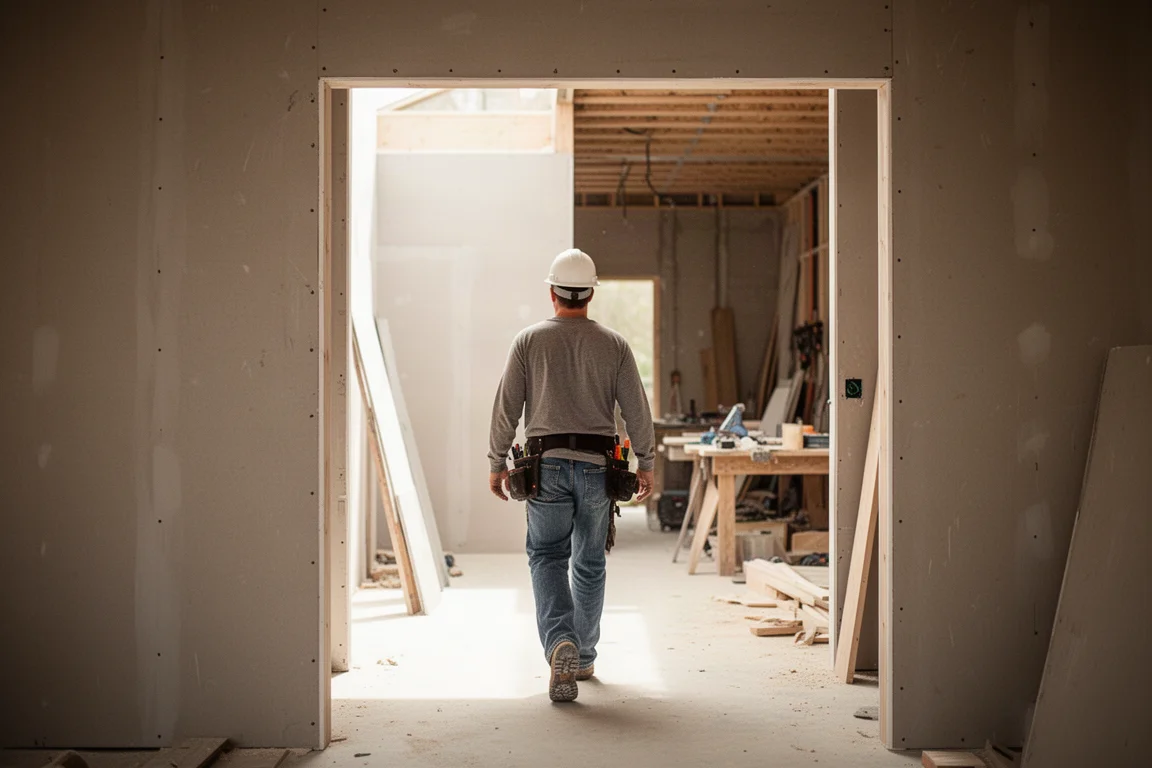 Contractor wearing safety glasses while moving between a sunny outdoor job site and an indoor workspace