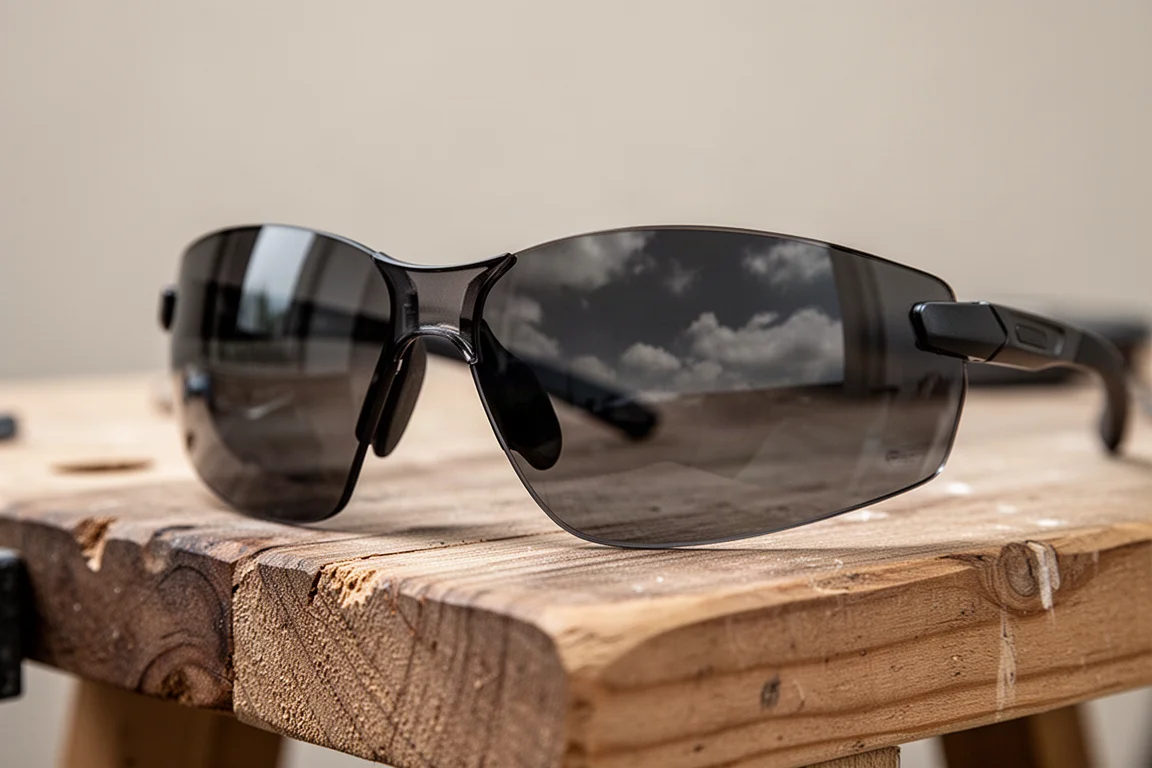 Close-up of photochromic safety glasses lens showing a subtle tint gradient in daylight