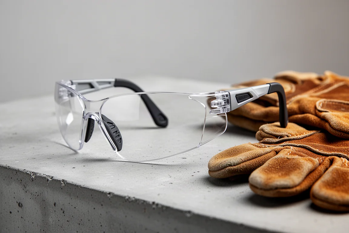 Safety glasses with angular arms and rubberized ear rests lying on a concrete floor