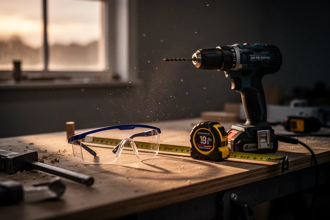 Tools and safety glasses packed on a workbench as the workday ends