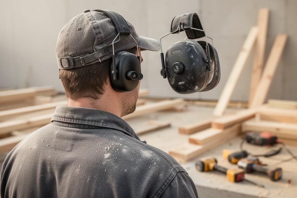 Arbeiter trägt Kopfhörer auf einer staubigen Baustelle