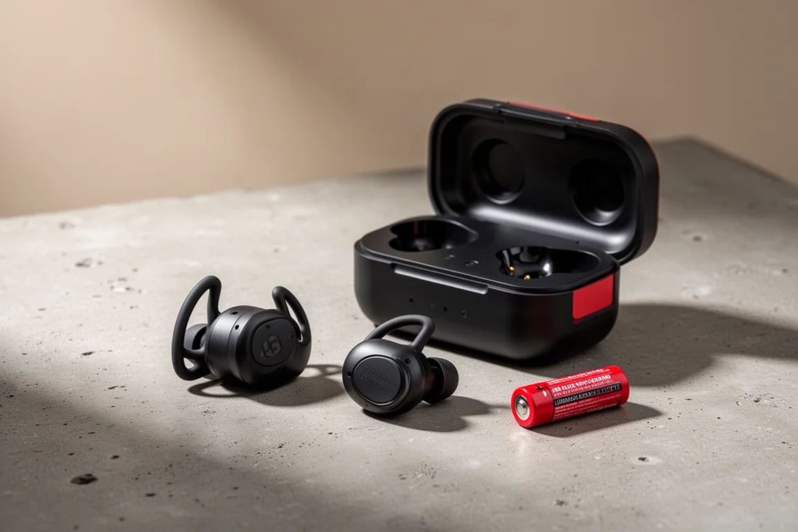 Cuffie wireless nere da cantiere accanto a una custodia di ricarica aperta e a una batteria rimovibile rossa