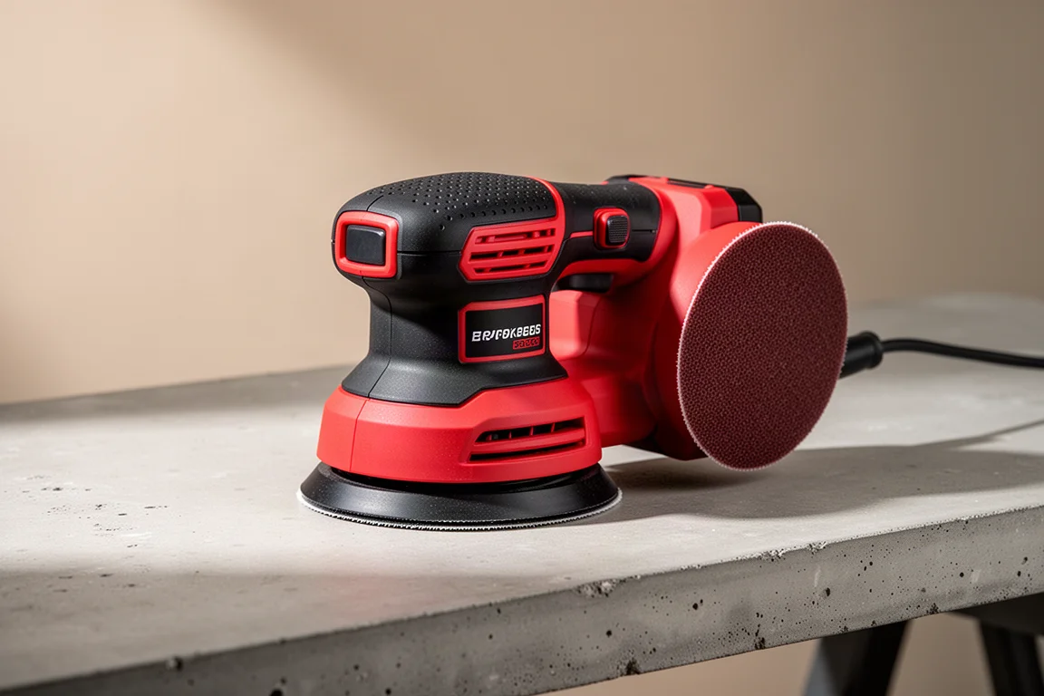 Compact cordless random orbital sander on a concrete workbench