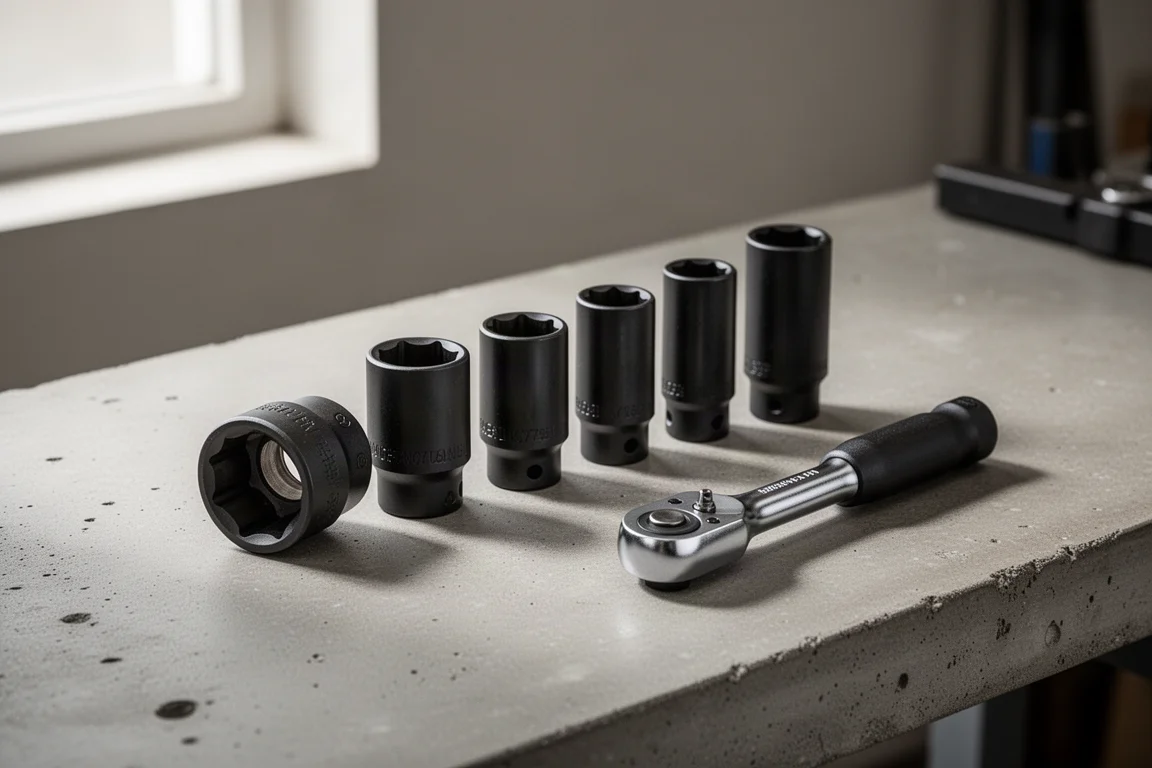Cinque impact socket metrici in ordine di grandezza accanto a un ratchet compatto 3/8 su un banco di lavoro