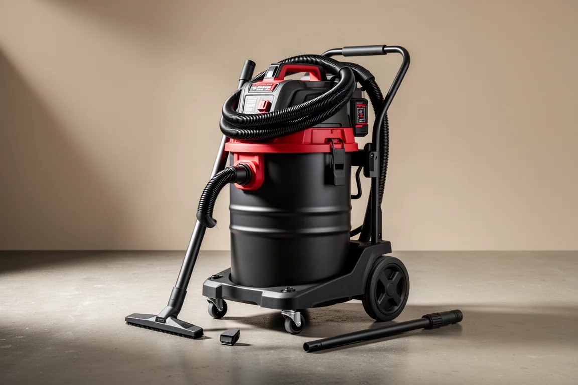 Aspirapolvere da banco Milwaukee 6 Gallon senza filo sul suo carrello a rotelle con tubo flessibile e accessori