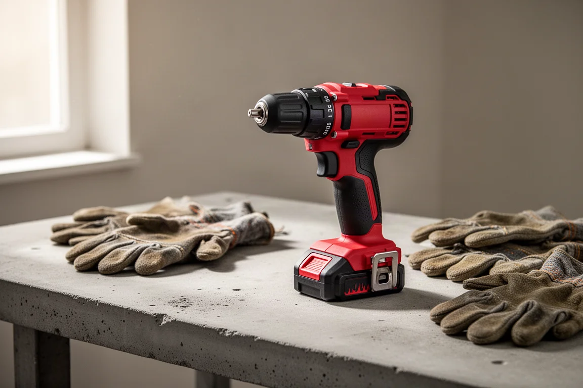 A red cordless power tool resting on a concrete workbench in soft window light