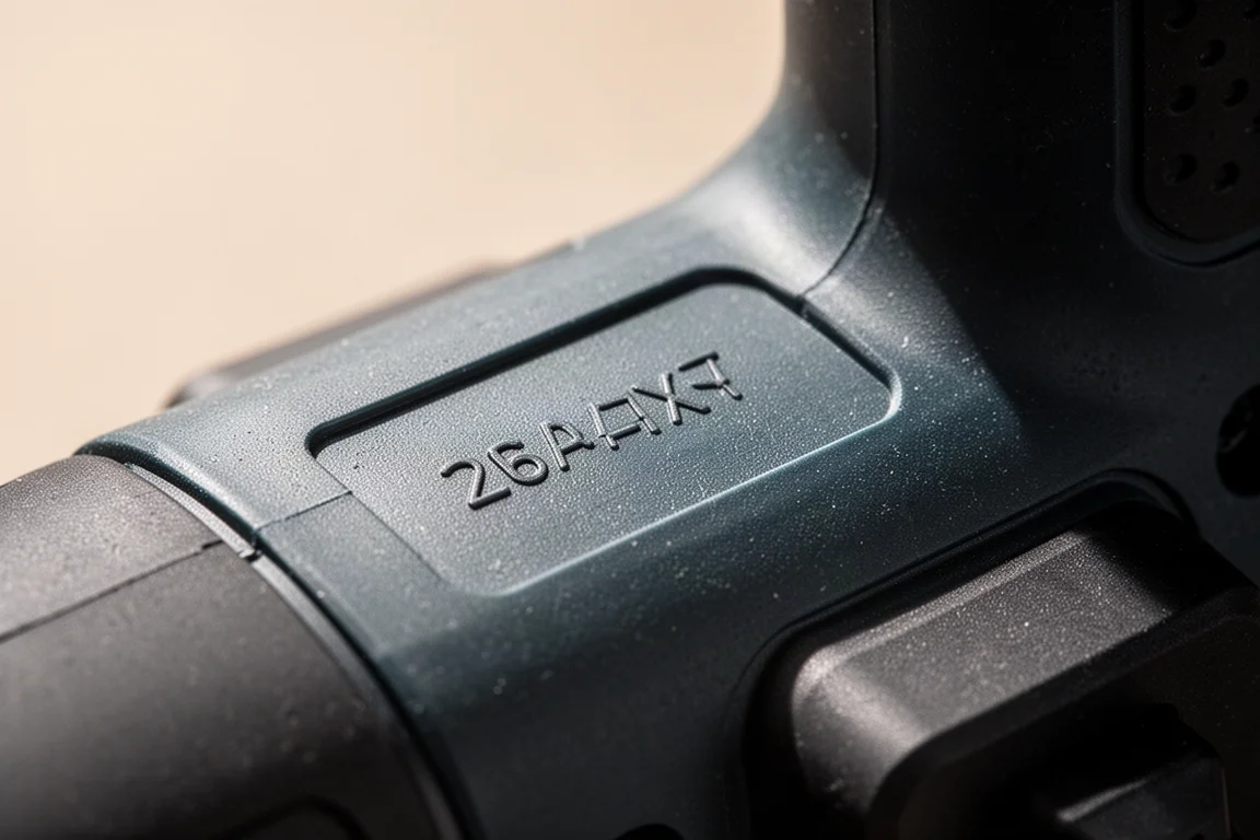 Close-up of a tool part label with small printed marking codes