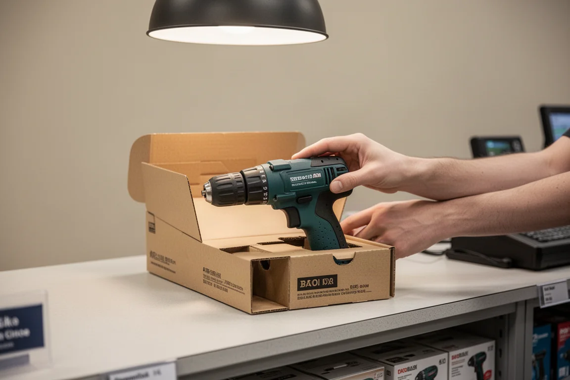 A customer returning a boxed power tool at a store service counter