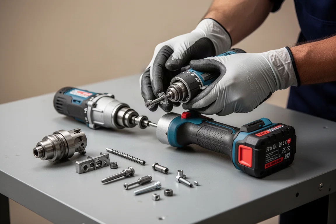 A technician servicing a power tool on a clean workshop bench