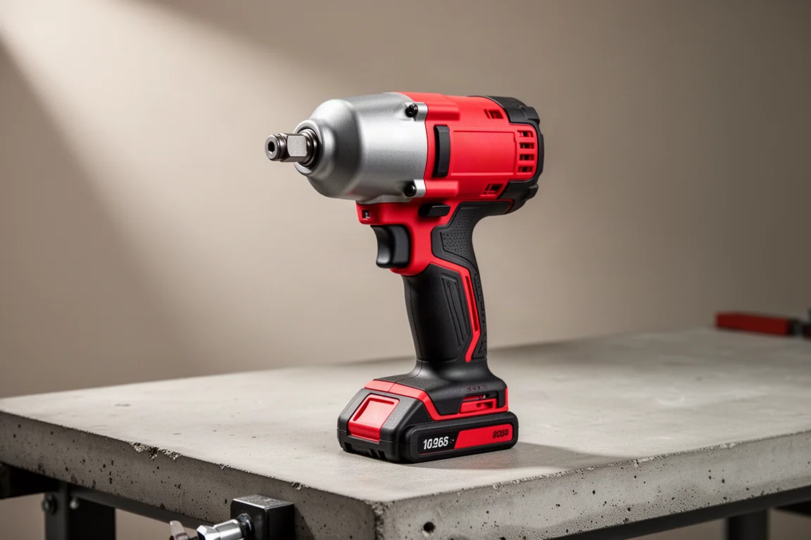 Red and black cordless power tool on a concrete workbench