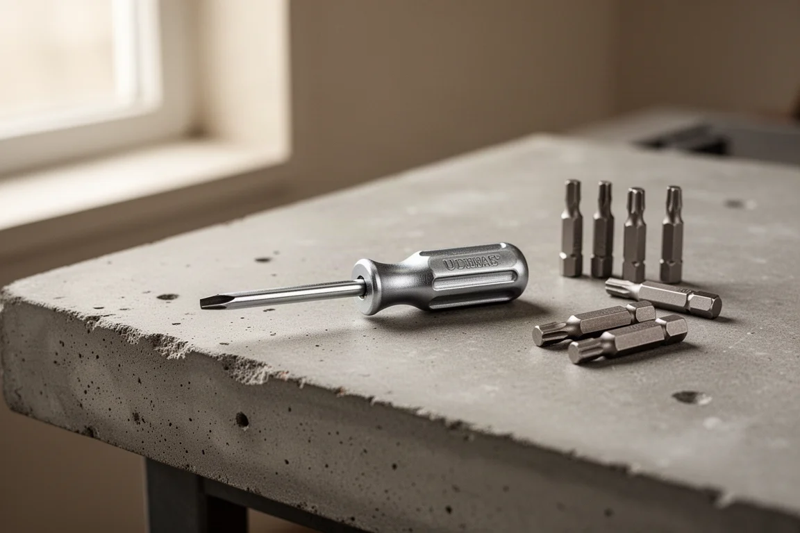 Tournevis stubby compact posé sur un établi d'atelier à côté de quelques embouts hexagonaux détachés
