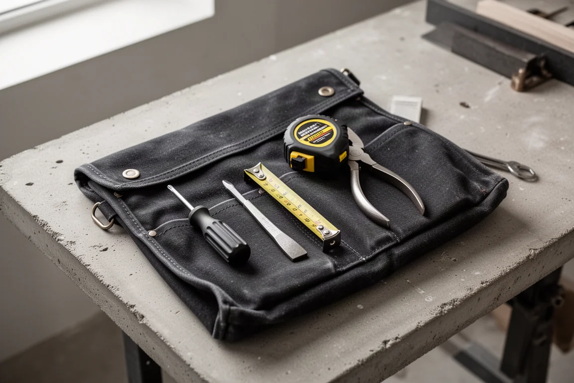 Sac à outils ouvert sur un établi montrant des outils compacts rangés soigneusement