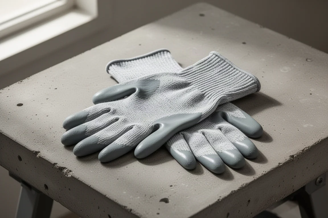 Pair of thin grey knitted work gloves with polyurethane palm coating on concrete