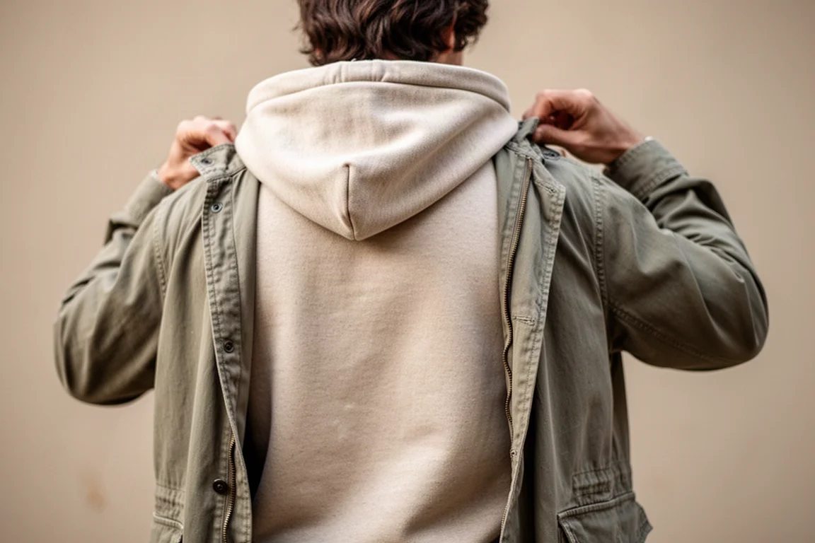 Eine Person zieht bei kühlem Wetter im Freien einen Hoodie unter einer lässigen Arbeitsjacke